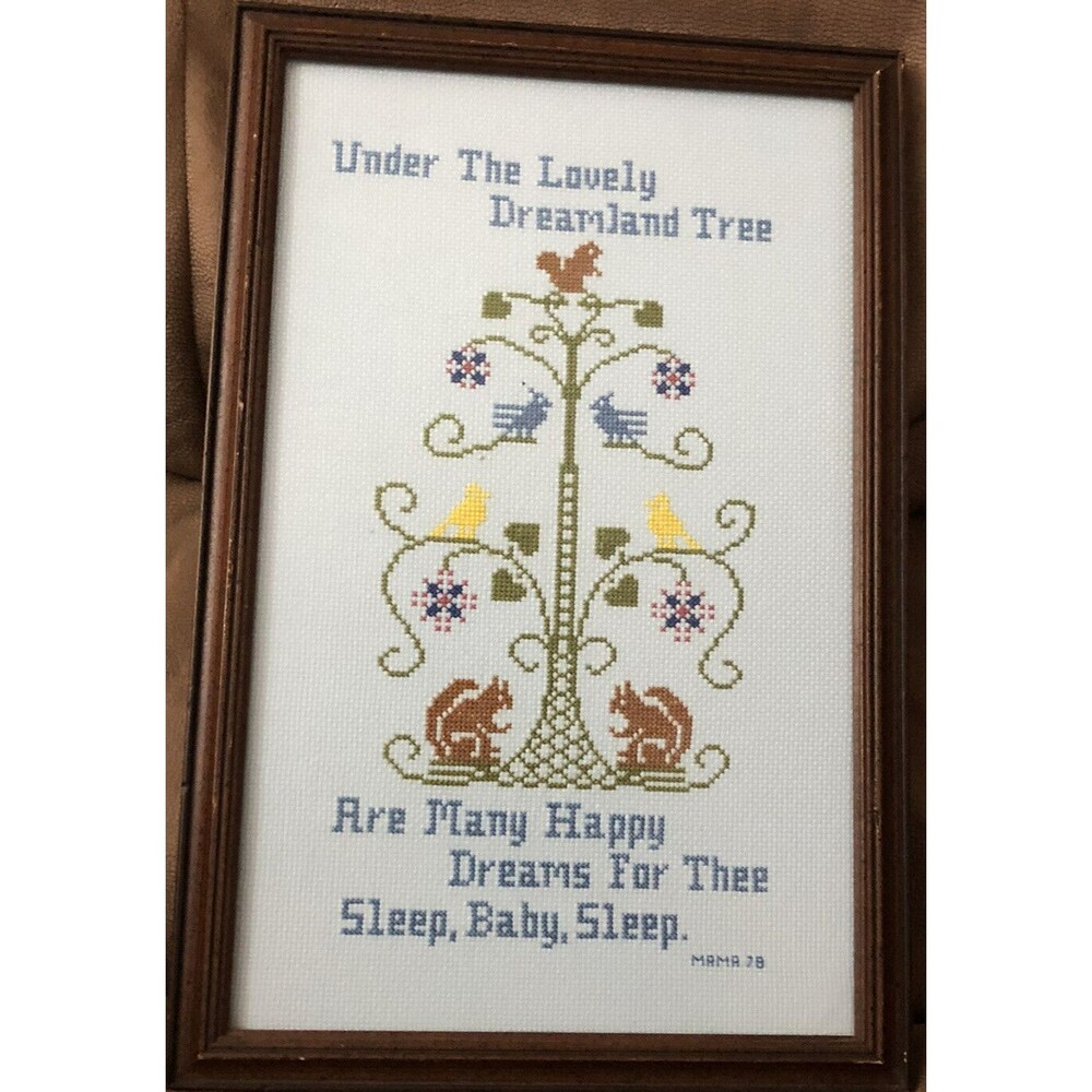 Completed Cross Stitch Framed Wall Hanging SLEEP BABY SLEEP 15”x 12” Nursery Art